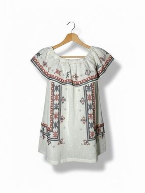 easel Cream Off-Shoulder Tunic with Rust & Black Embroidery